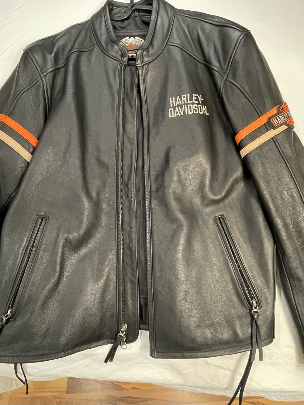 Harley-Davidson Men's BlackLeather Motorcycle Jacket with Orange Accents- Size L